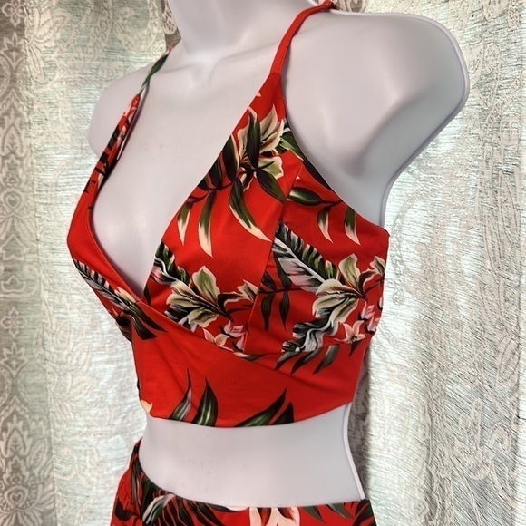 TROPICAL Two Piece Skirt Set Red Size Large Palm Print Lillies Summer - Picture 5 of 16
